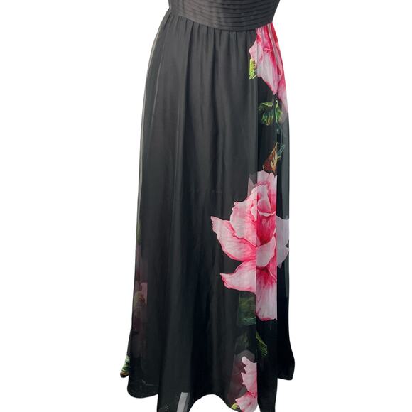 One33 Social Chiffon Strapless Gown Black Floral Pleated Maxi Bow Dress Size 2 - Picture 10 of 16